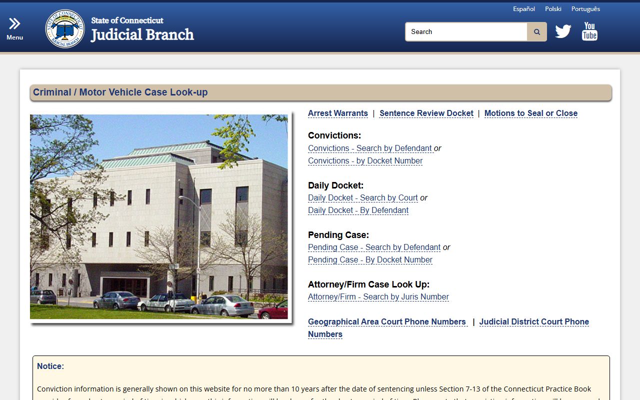Criminal and motor vehicle case lookup system showing Connecticut court records