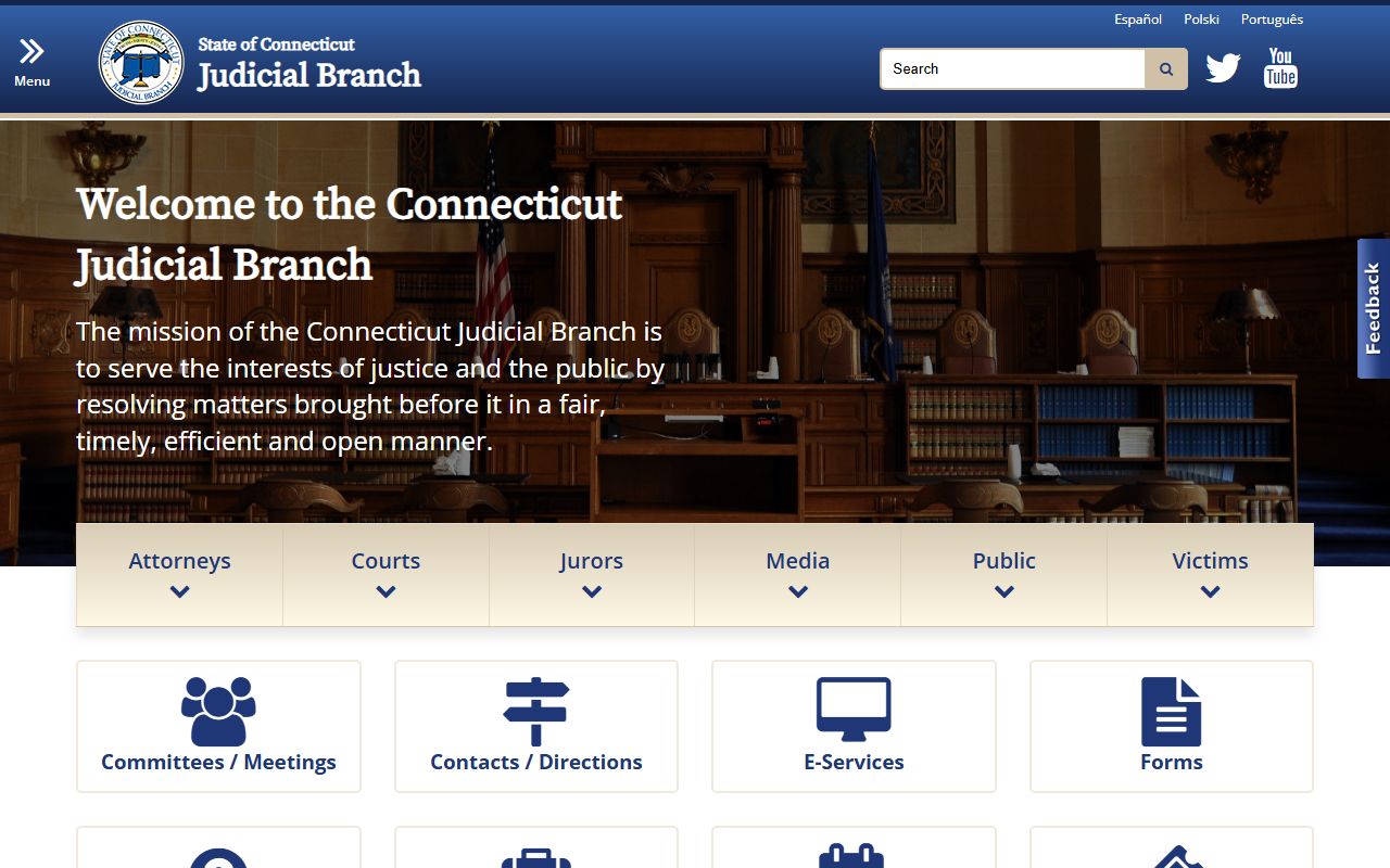 Connecticut Judicial Branch homepage providing access to criminal court records